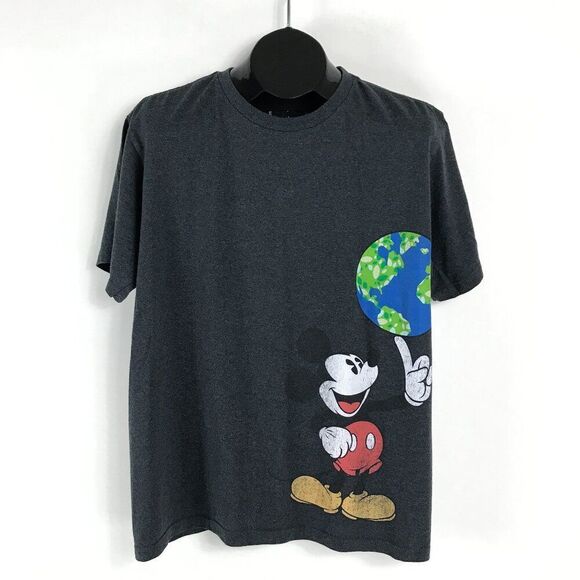 Disney Mickey Mouse World Graphic Print T-Shirt Men's Large Dark Gray Crew Neck - Picture 1 of 8